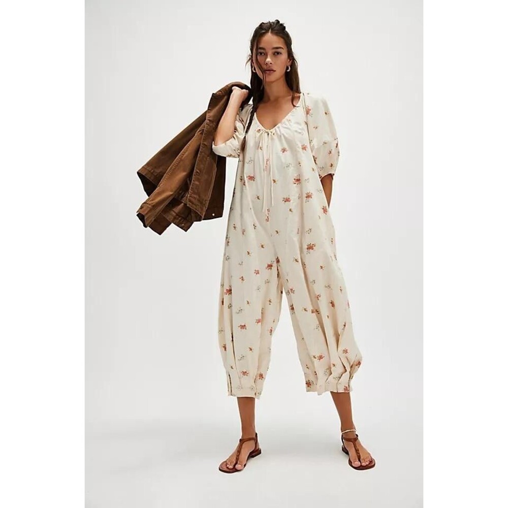 Free People Bop Around Printed Jumpsuit Dress Tapered Leg Floral Cream XS 289694